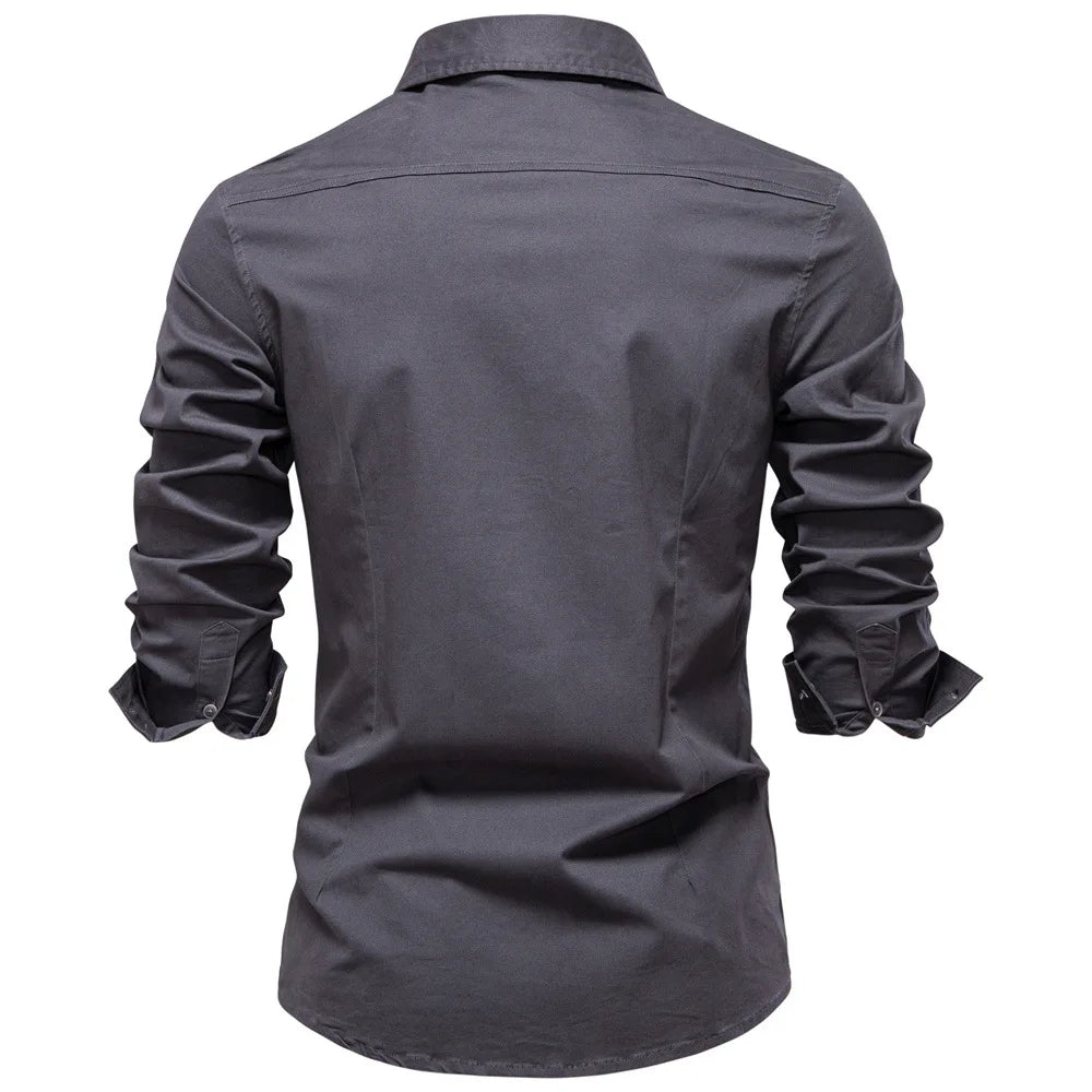 Dark gray shirt with rolled-up sleeves on a white background
