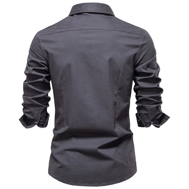 Dark gray shirt with rolled-up sleeves on a white background