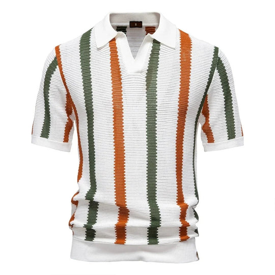 White knitted polo shirt with green and orange stripes on a white background
