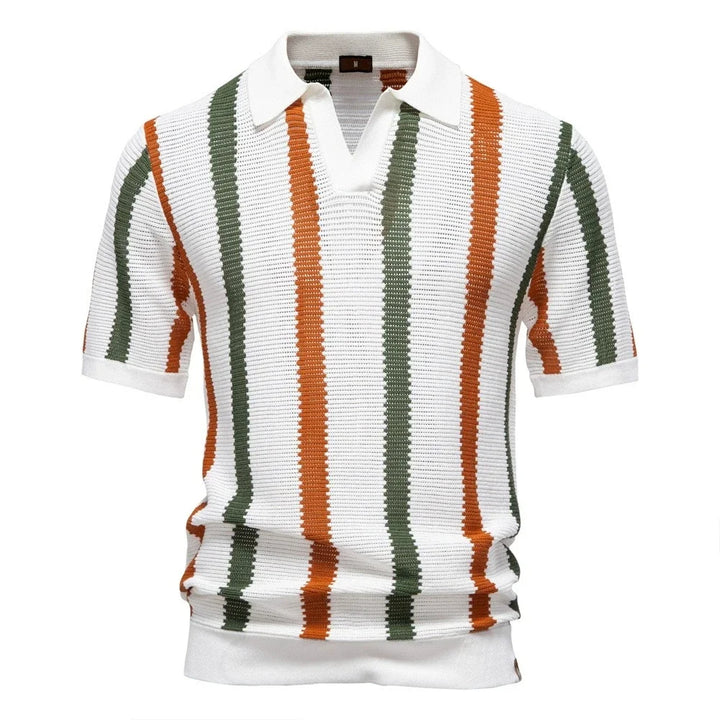 White knitted polo shirt with green and orange stripes on a white background