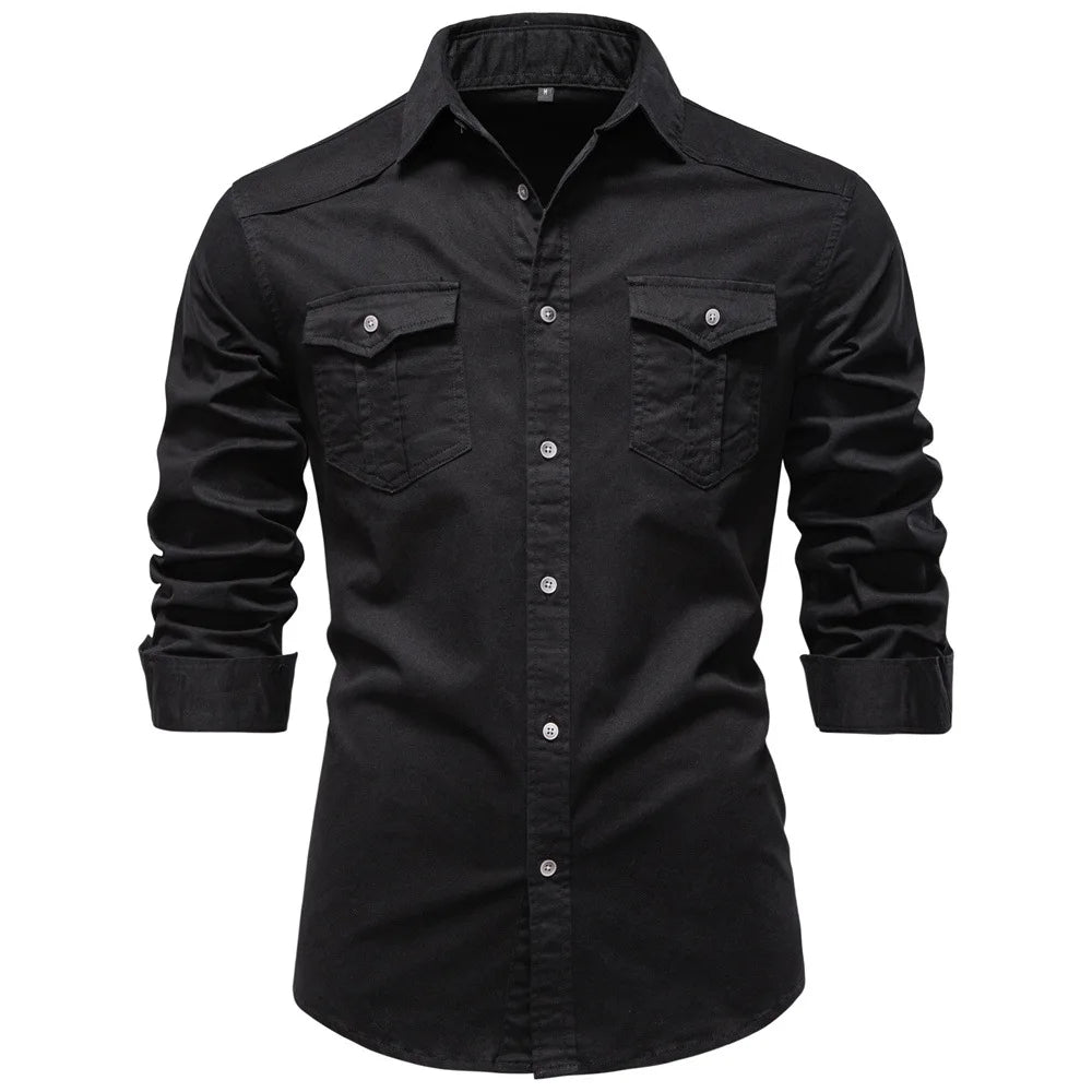Black button-up shirt with two chest pockets on a white background