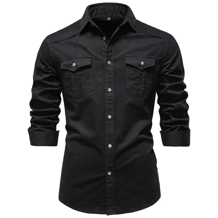 Black button-up shirt with two chest pockets on a white background