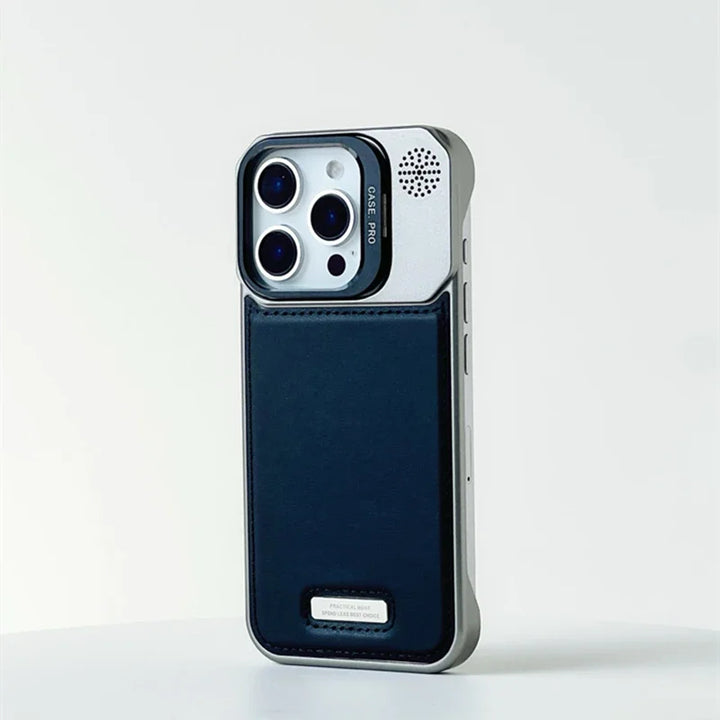 Phone case with a blue back and white front on a light gray background