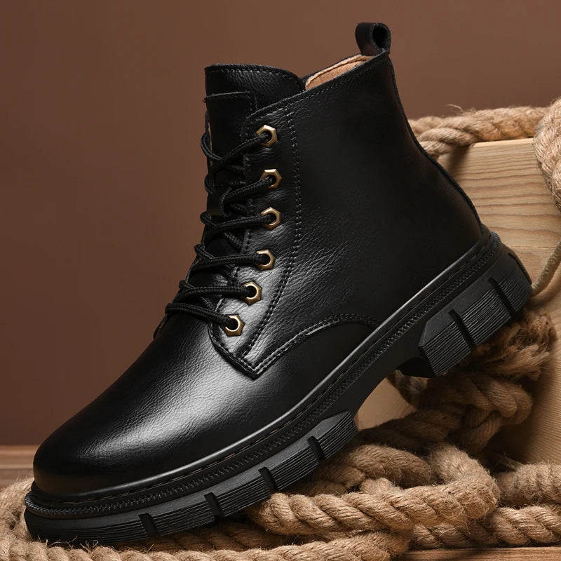 Black leather boot with a brown background