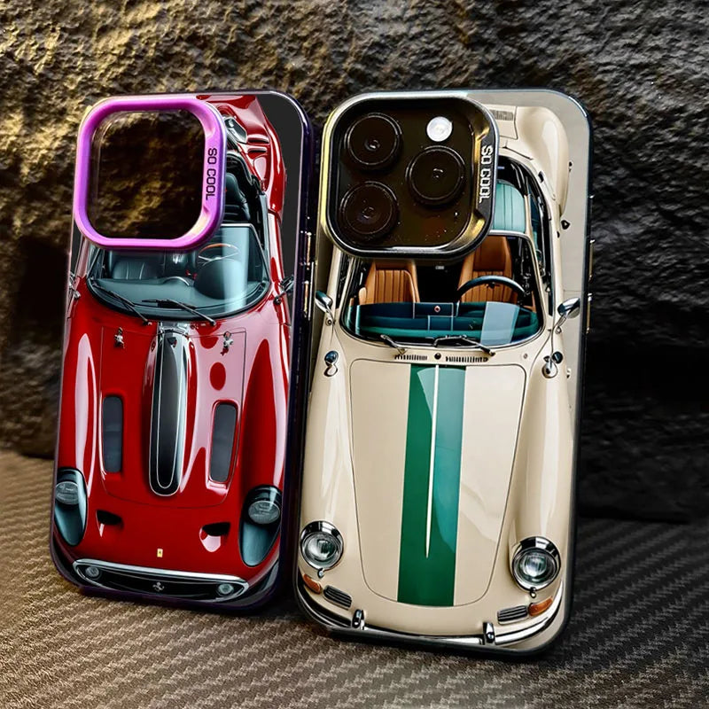 Two car-themed phone cases, one red and one gold with green stripe, on a textured surface.