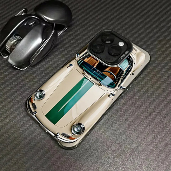 Phone case designed like a vintage car on a carbon fiber background