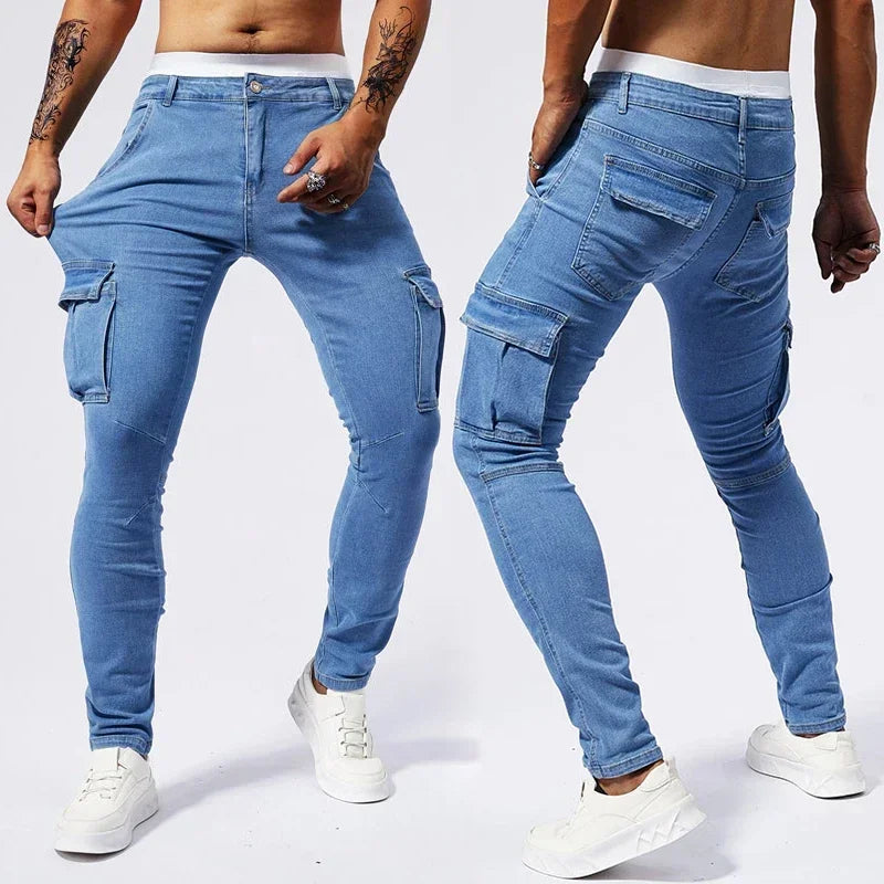Two pairs of blue cargo pants worn by a person on a white background