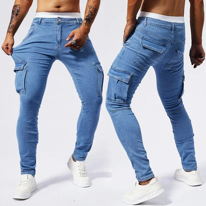 Two pairs of blue cargo pants worn by a person on a white background