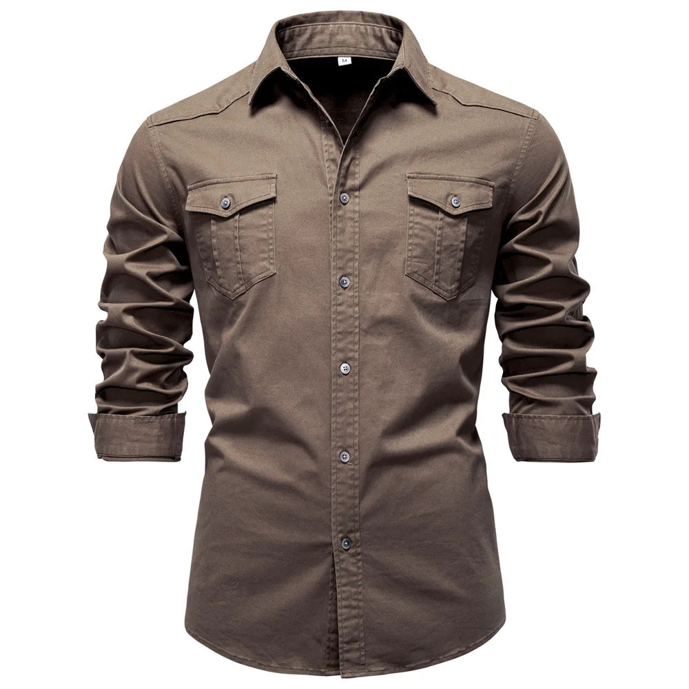 Brown button-up shirt with rolled-up sleeves on a white background