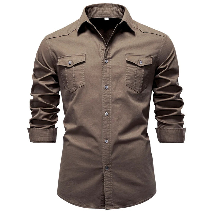 Brown button-up shirt with rolled-up sleeves on a white background