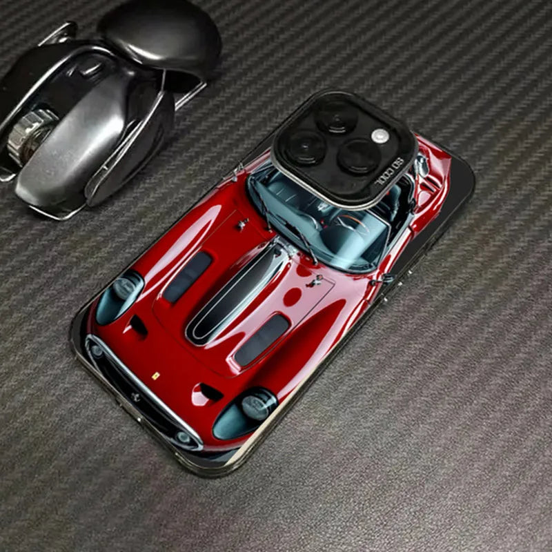 Phone case with car design on a carbon fiber background