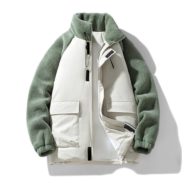 Two-tone jacket with green fleece exterior and white interior on a white background