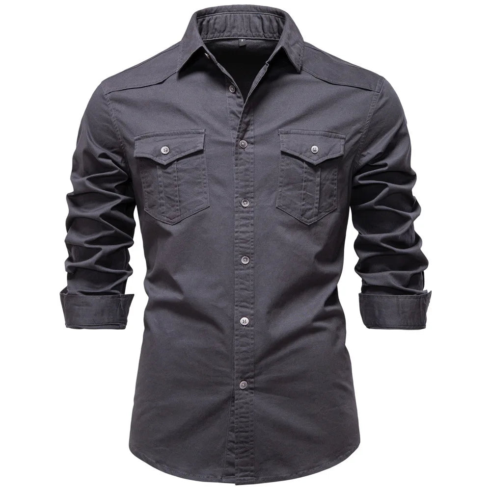 Dark gray button-up shirt with rolled-up sleeves on a white background