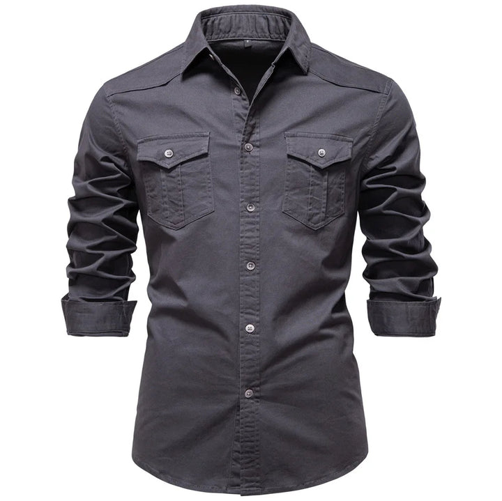 Dark gray button-up shirt with rolled-up sleeves on a white background