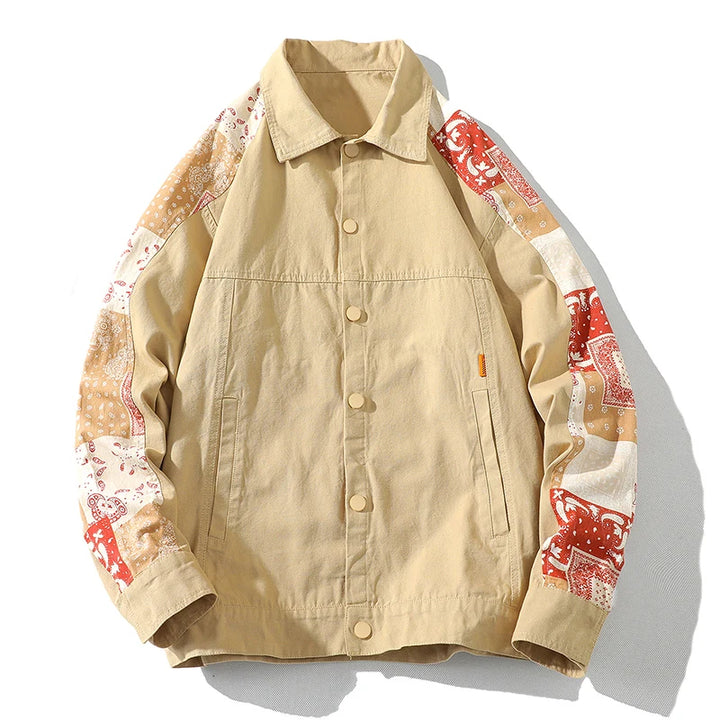 Beige jacket with patterned sleeves on a white background