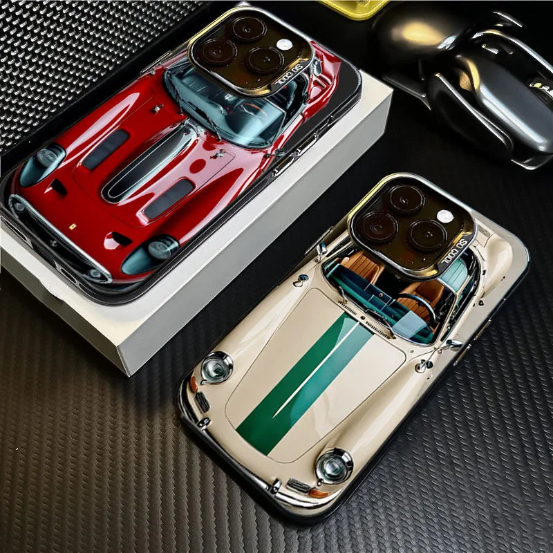 Two car-themed phone cases on a textured surface