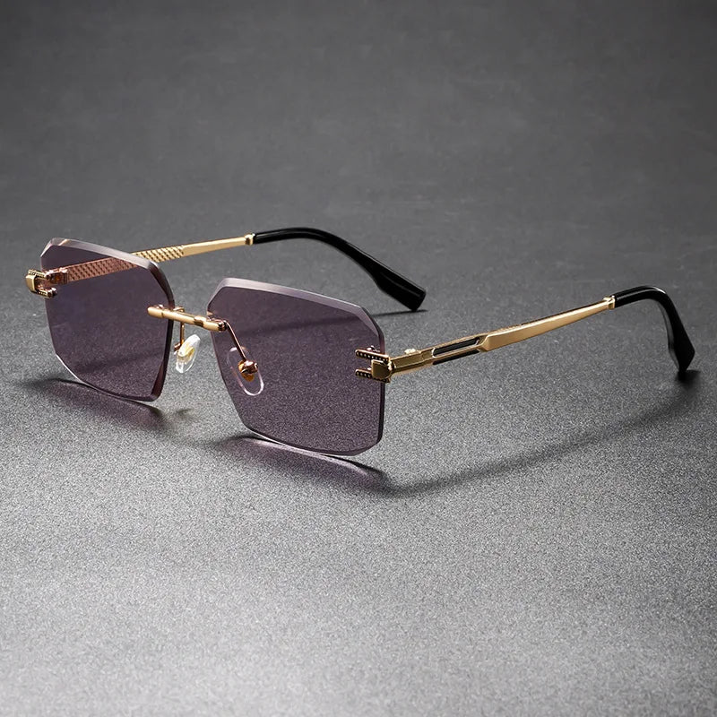 Sunglasses with gold frame and purple lenses on a gray background