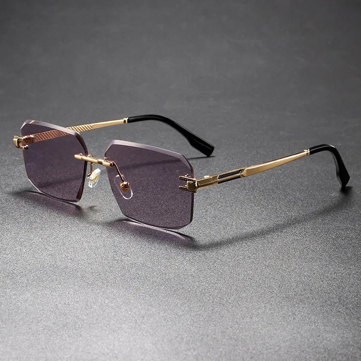 Sunglasses with gold frame and purple lenses on a gray background