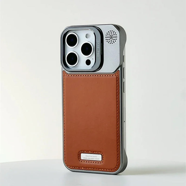 Phone case with brown leather back and gray frame on a light gray background