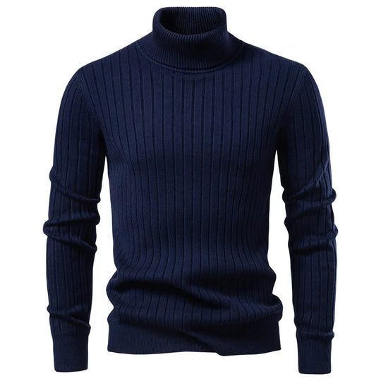 Navy blue turtleneck sweater on a white background