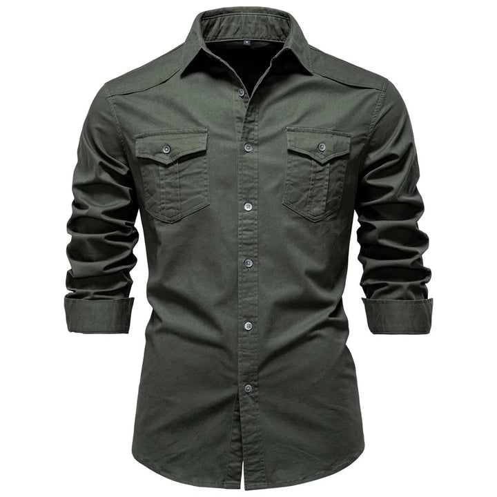 Green button-up shirt with long sleeves on a white background