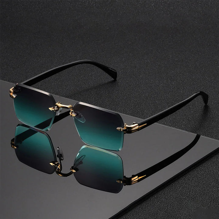 Sunglasses with gold frames and green gradient lenses on a reflective black surface.