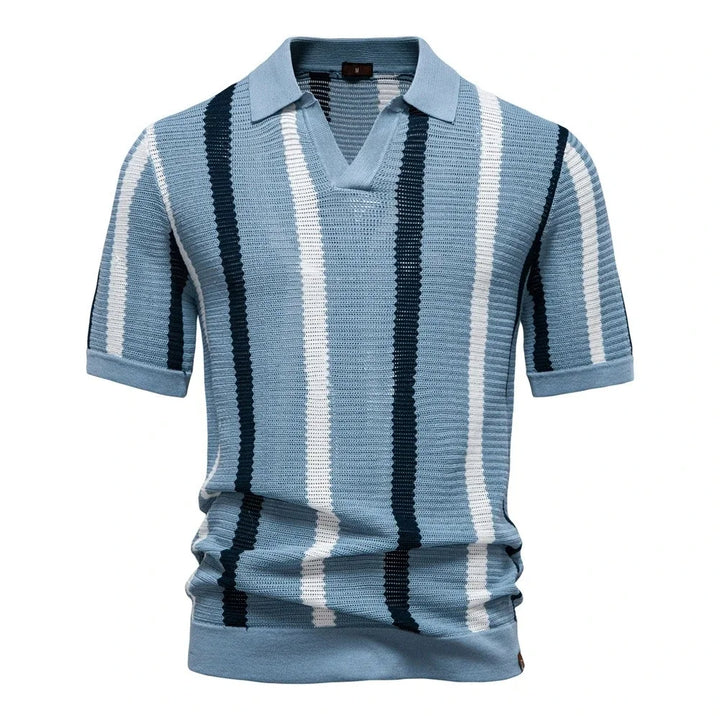 Blue and white striped short-sleeve knitted polo shirt on a white background