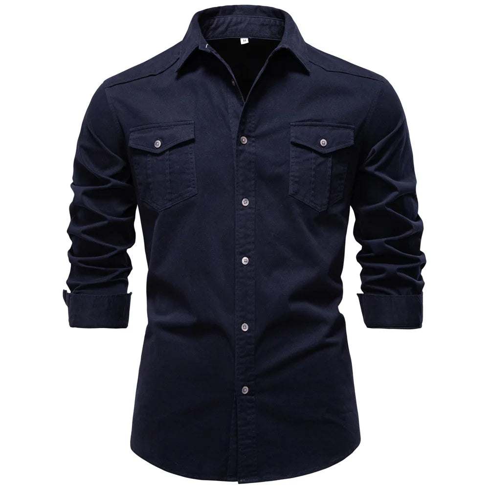 Navy blue shirt with two front pockets on a white background