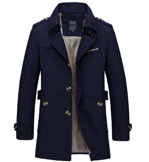 Navy blue trench coat with gold buttons on a white background