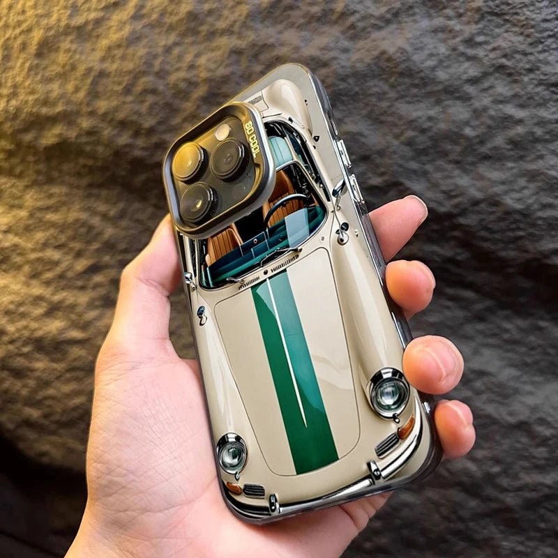 Person holding a smartphone with a unique case design against a textured background