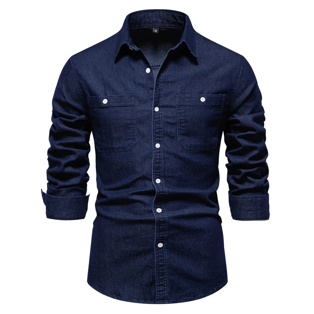 A black denim shirt with long sleeves, button-up front, and two chest pockets.