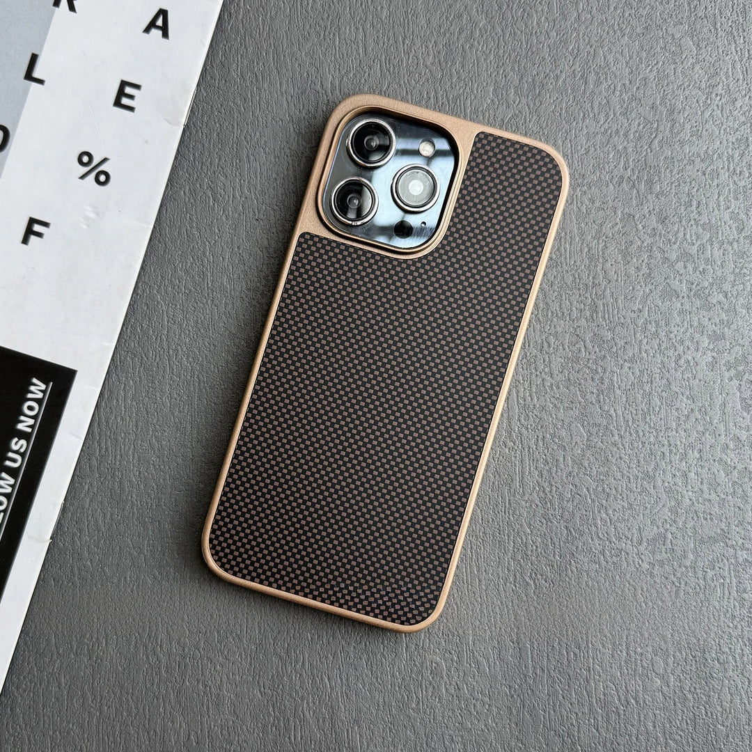 Phone case with carbon fiber texture on a gray surface