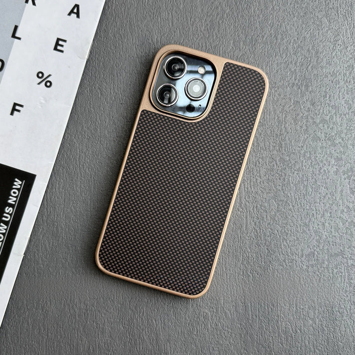 Phone case with carbon fiber texture on a gray surface