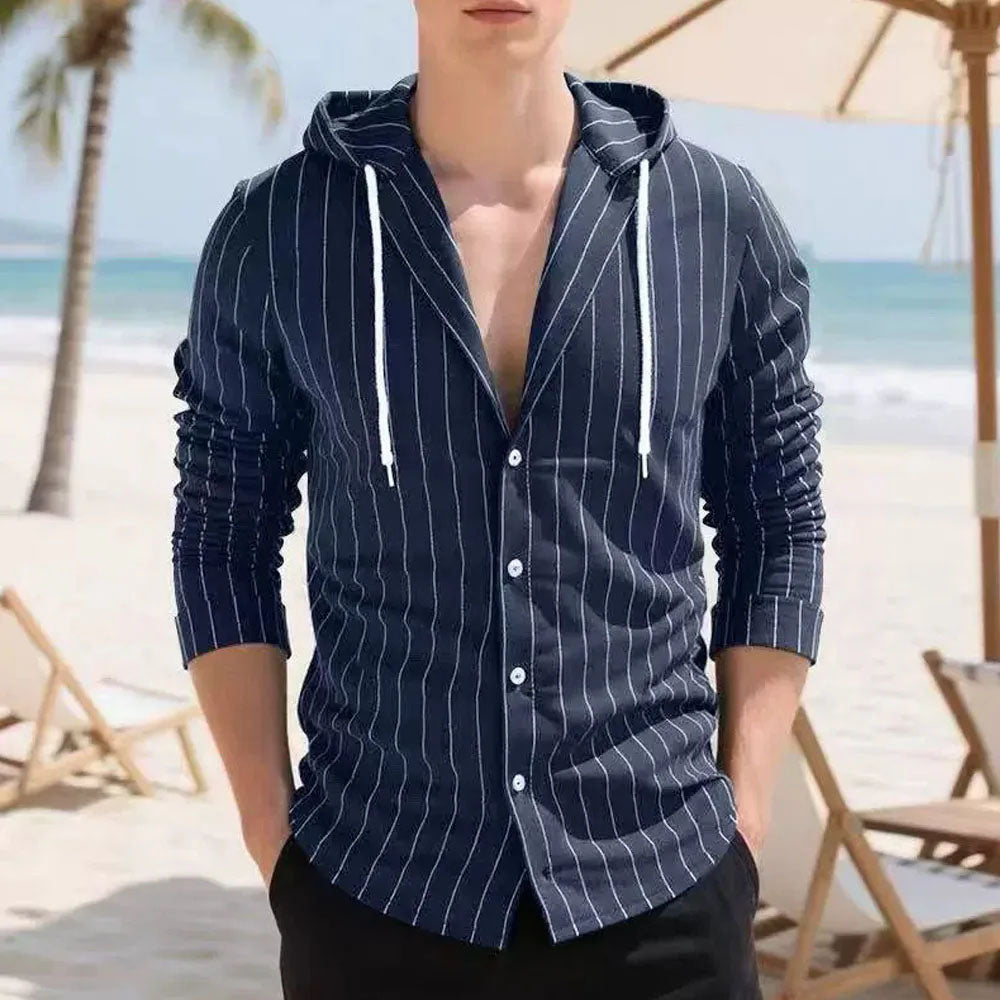 Men's Lightweight Striped Long Sleeve Hooded Shirt | Effortless Vintage Beach Style
