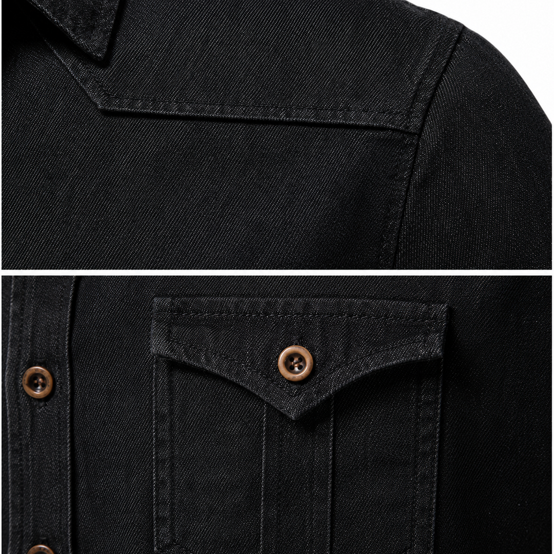 Close-up of a black jacket with button details on a white background