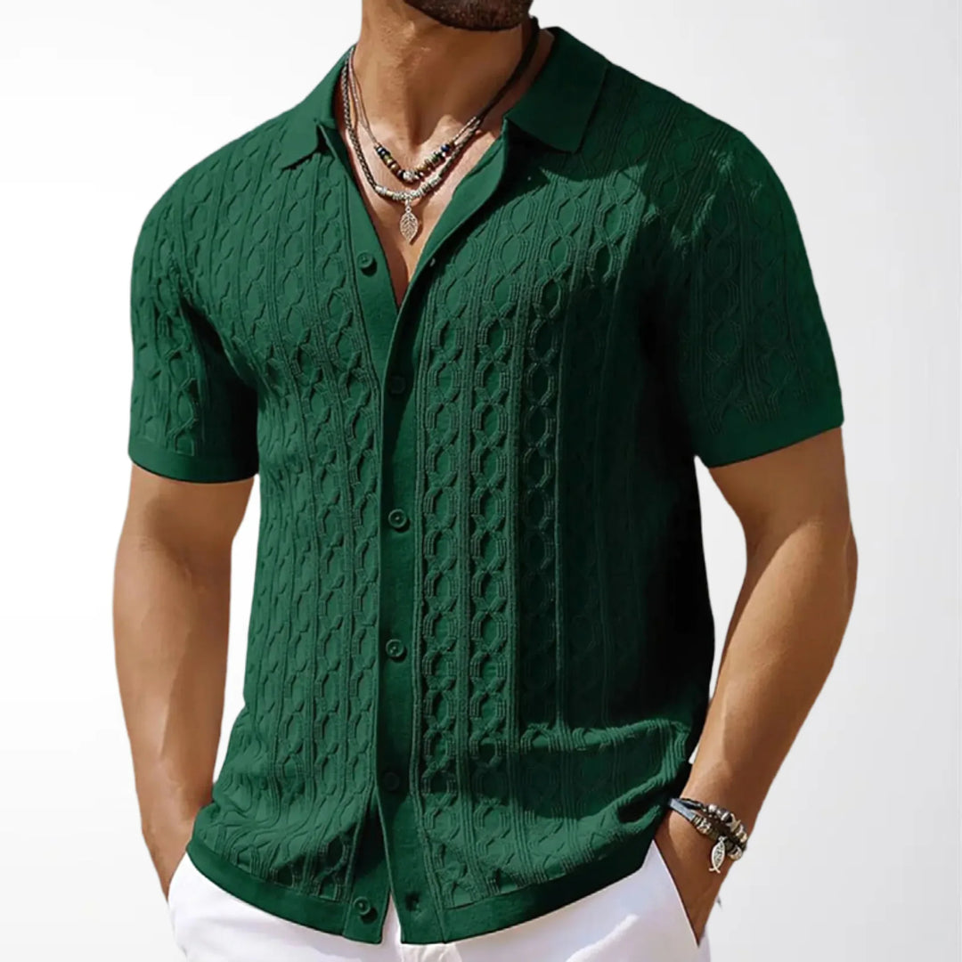Man wearing a green textured shirt on a white background