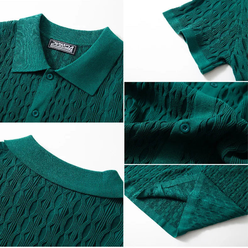Teal knit polo shirt with brand label, close-up details on collar and fabric texture.