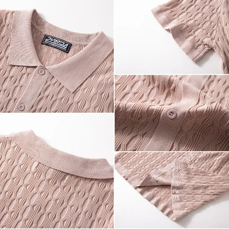Collage of a pink cable knit sweater with close-up details on a white background