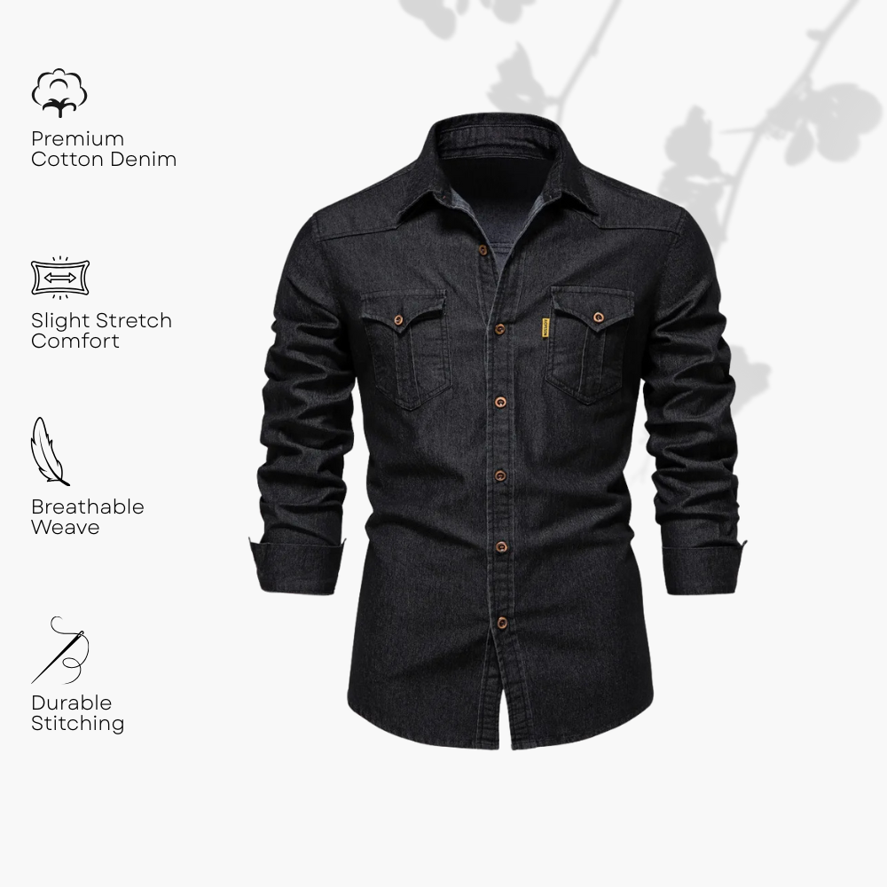 Black denim shirt with features listed on a white background