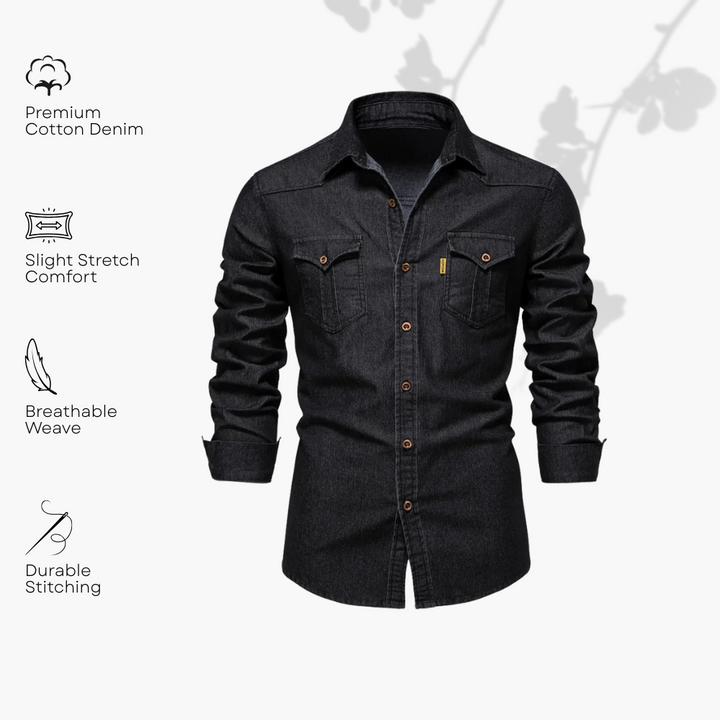 Black denim shirt with features listed on a white background
