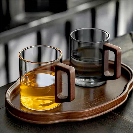 Elegant Glass Tea Mug with Walnut Handle | 400ml Heat-Resistant Design for Versatile Enjoyment 0