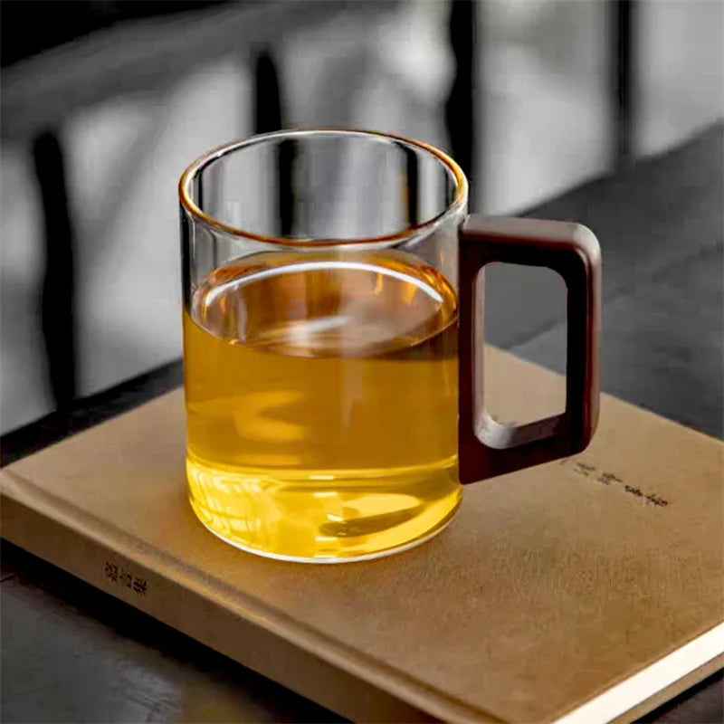 Elegant Glass Tea Mug with Walnut Handle | 400ml Heat-Resistant Design for Versatile Enjoyment 5