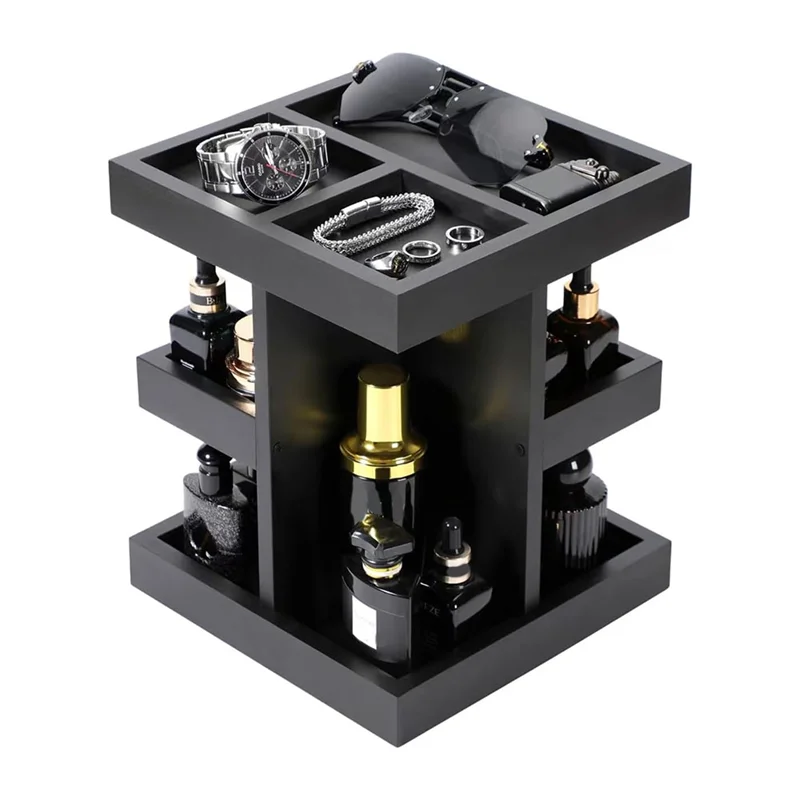 Elegant Wood Perfume Organizer Tray with 3-Tier Rotating Design for Stylish Storage