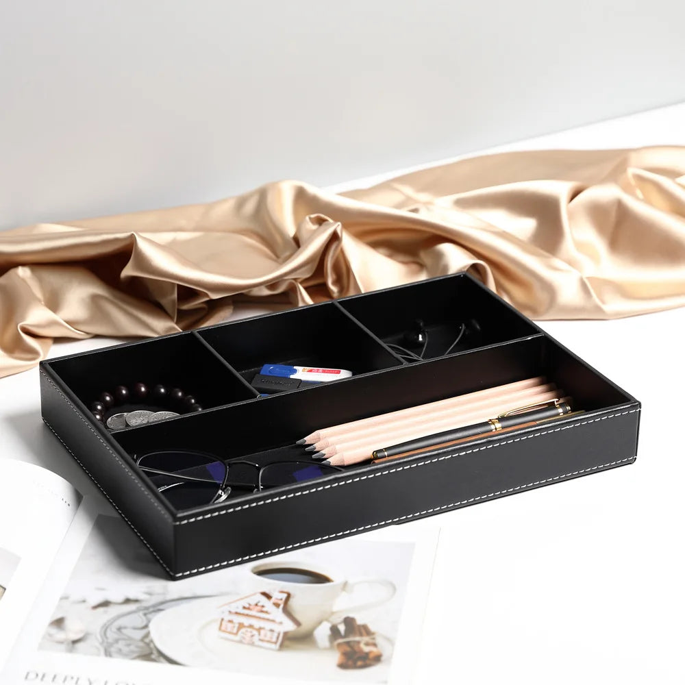 Faux Leather Storage Tray with 5 Compartments | Stylish Organizer for Home and Office