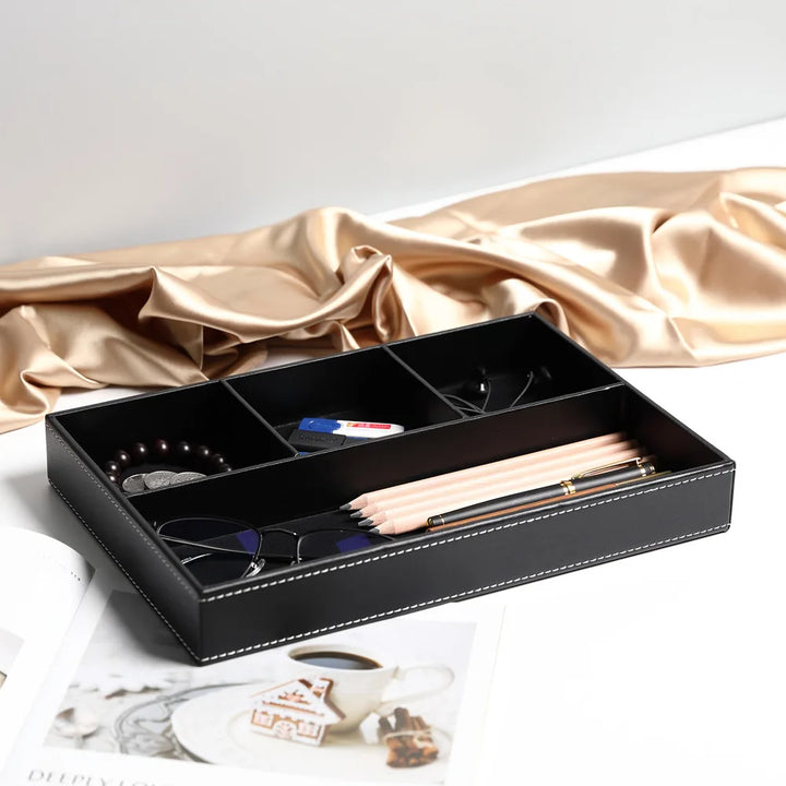 Faux Leather Storage Tray with 5 Compartments | Stylish Organizer for Home and Office