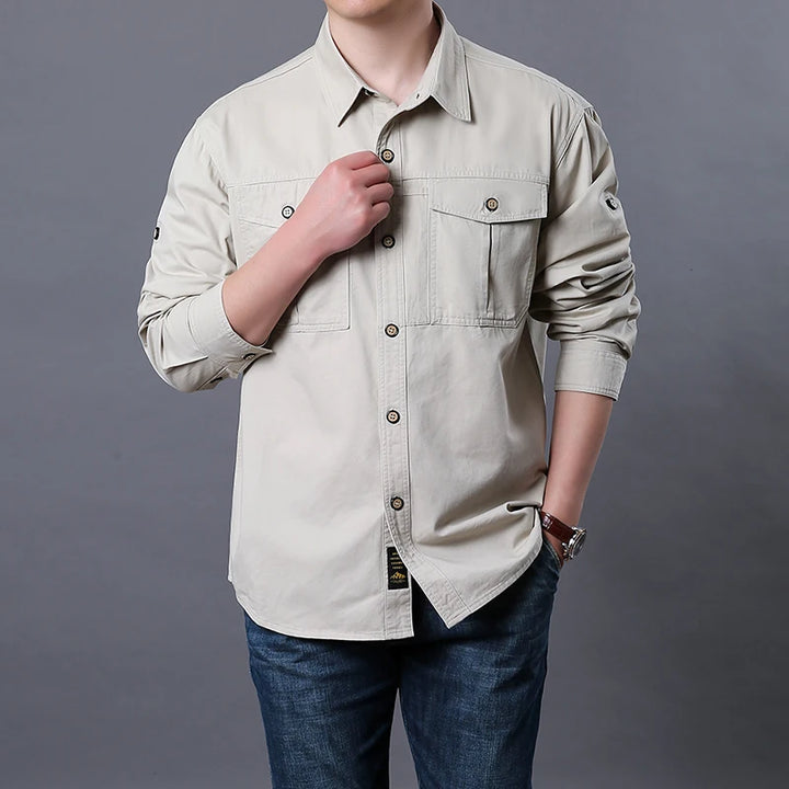 Men's cotton long sleeve button-down shirt with two chest pockets