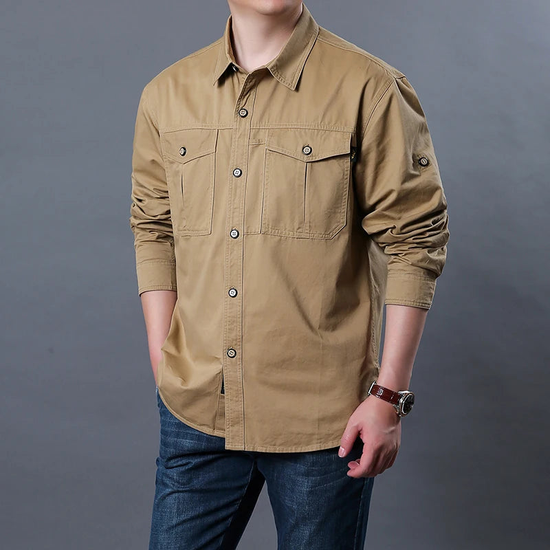 Men's 100% Cotton Long Sleeve Button Down Shirt | Classic Vintage Cargo Style 3