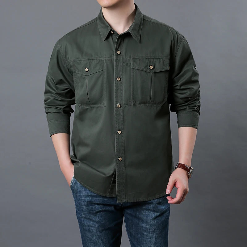Men's 100% Cotton Long Sleeve Button Down Shirt | Classic Vintage Cargo Style 4