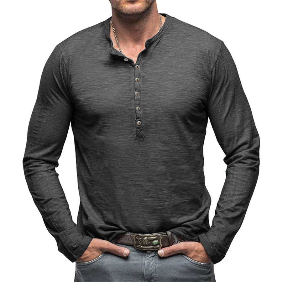 Men's cotton long sleeve Henley T-shirt with retro buttons