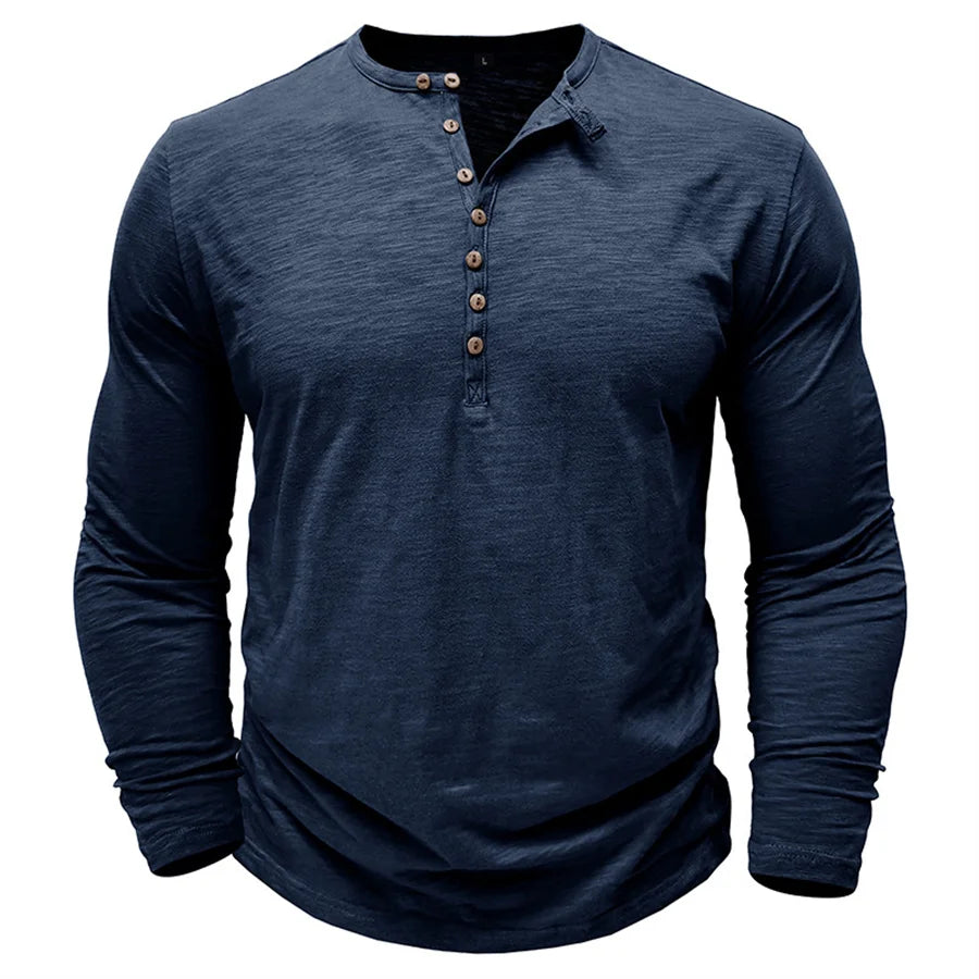 Men's 100% Cotton Long Sleeve Henley T-Shirt | Soft Touch Retro Casual Style 10